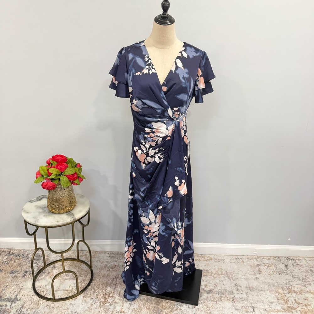 DKNY Navy Floral Flutter Sleeve Pleating & Ruffle Detail Maxi Gown - Reemoly